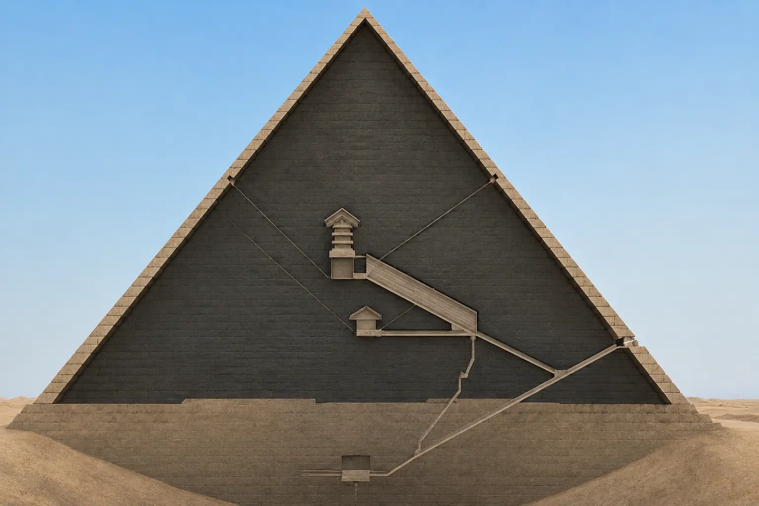 Ilustración generada mediante IA que muestra una representación conceptual del interior de la Gran Pirámide de Giza.