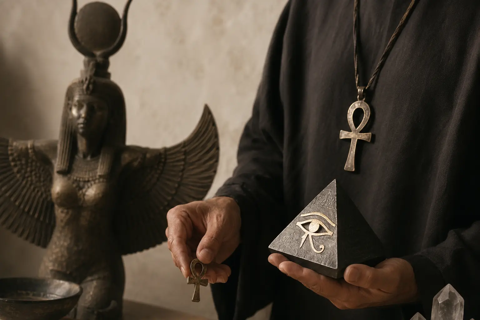 Ilustración generada mediante IA de un sacerdote del Antiguo Egipto representado con objetos simbólicos en un contexto ritual.