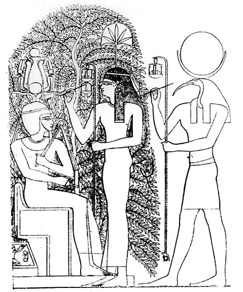 Relieve del árbol sagrado de Heliópolis con Thot y Seshat. Fuente: Wikimedia Commons (dominio público).