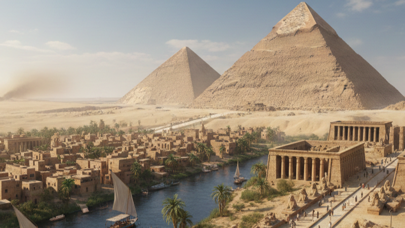 Vista del Antiguo Egipto con el río Nilo y monumentos históricos