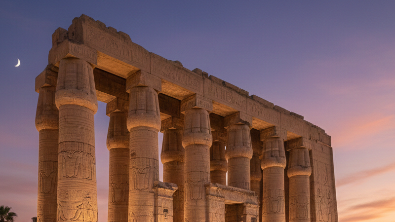 Templo egipcio con columnas y jeroglíficos