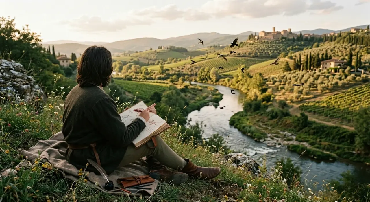 Leonardo da Vinci dibujando en la naturaleza