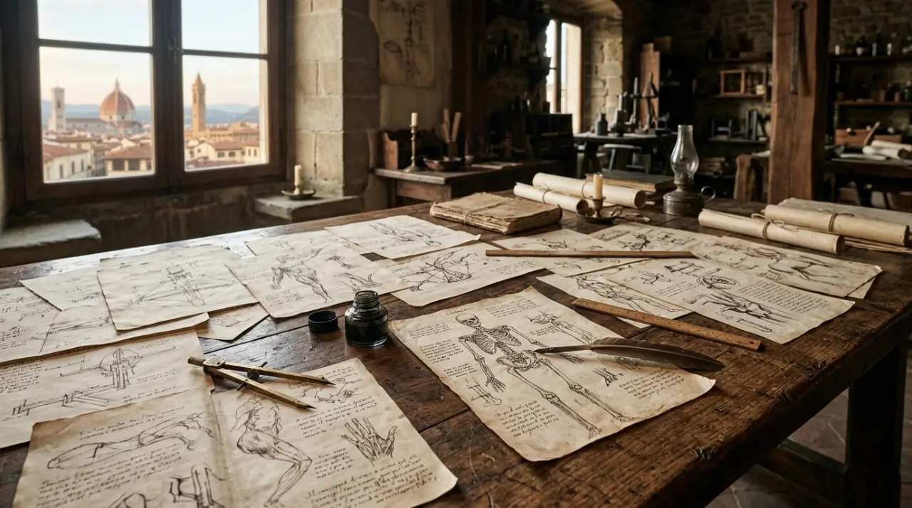 Estudio de Leonardo da Vinci con cuadernos y dibujos