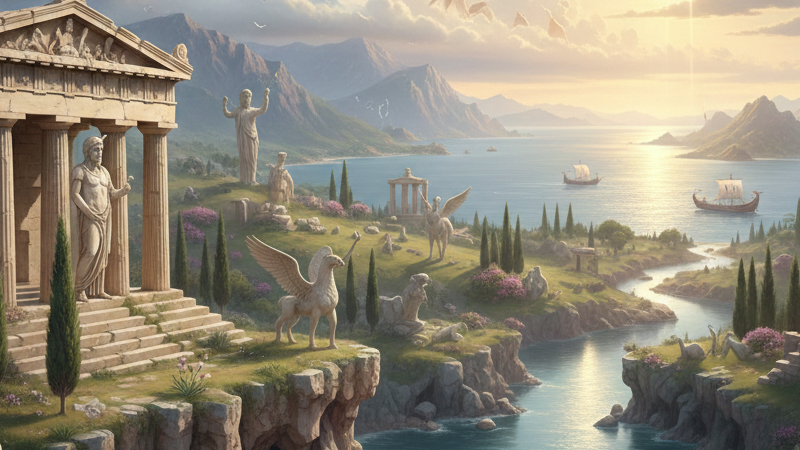 Escena mitológica griega con dioses y héroes