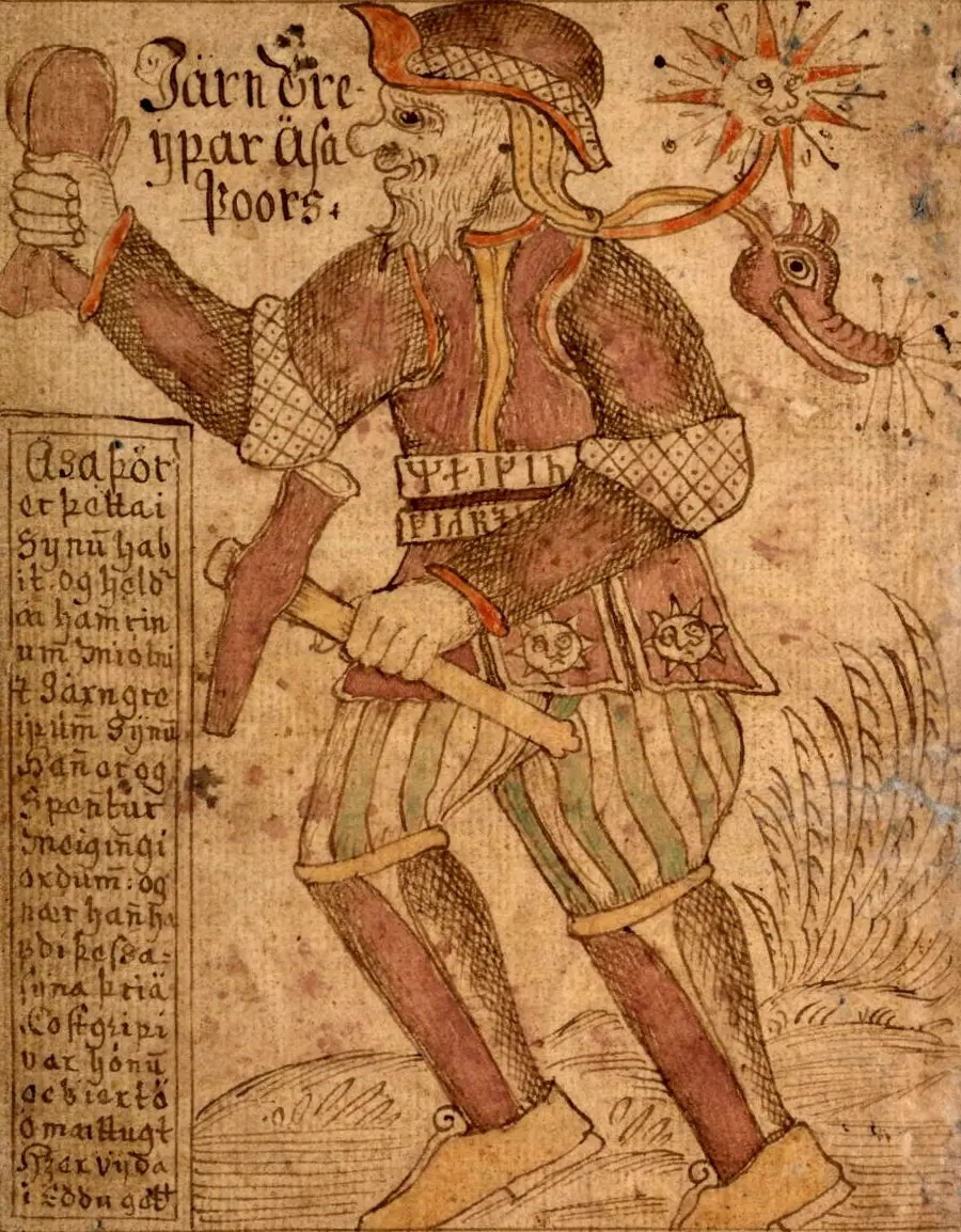 Thor con su martillo Mjölnir en una ilustración de un manuscrito islandés del siglo XVIII de la mitología nórdica