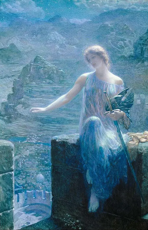 La valkiria de la mitología nórdica observando vigilante, pintura de Edward Robert Hughes con influencia de la reinterpretación romántica de Wagner