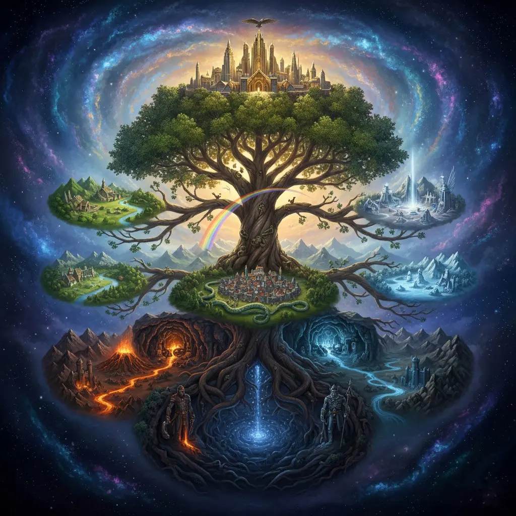 Ilustración de Yggdrasil, el Árbol del Mundo o Árbol de la Vida en la mitología nórdica, que conecta los nueve mundos del cosmos.