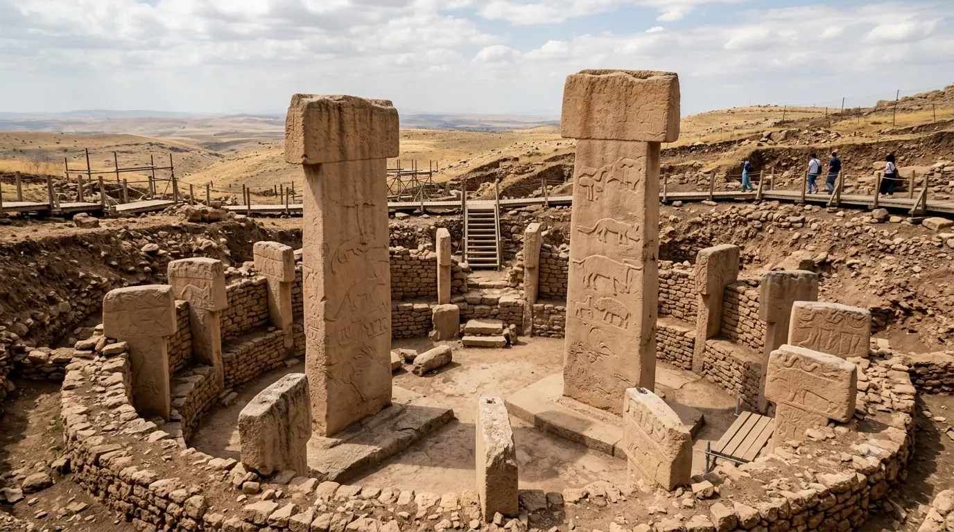 Pilares de piedra en Göbekli Tepe durante las excavaciones arqueológicas