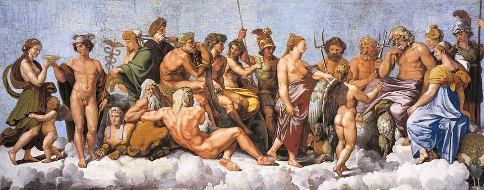 Escena mitológica griega con dioses y héroes