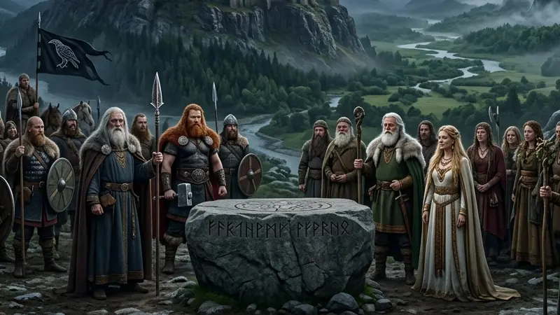 Representación de los dioses Æsir y Vanir reunidos en la mitología nórdica