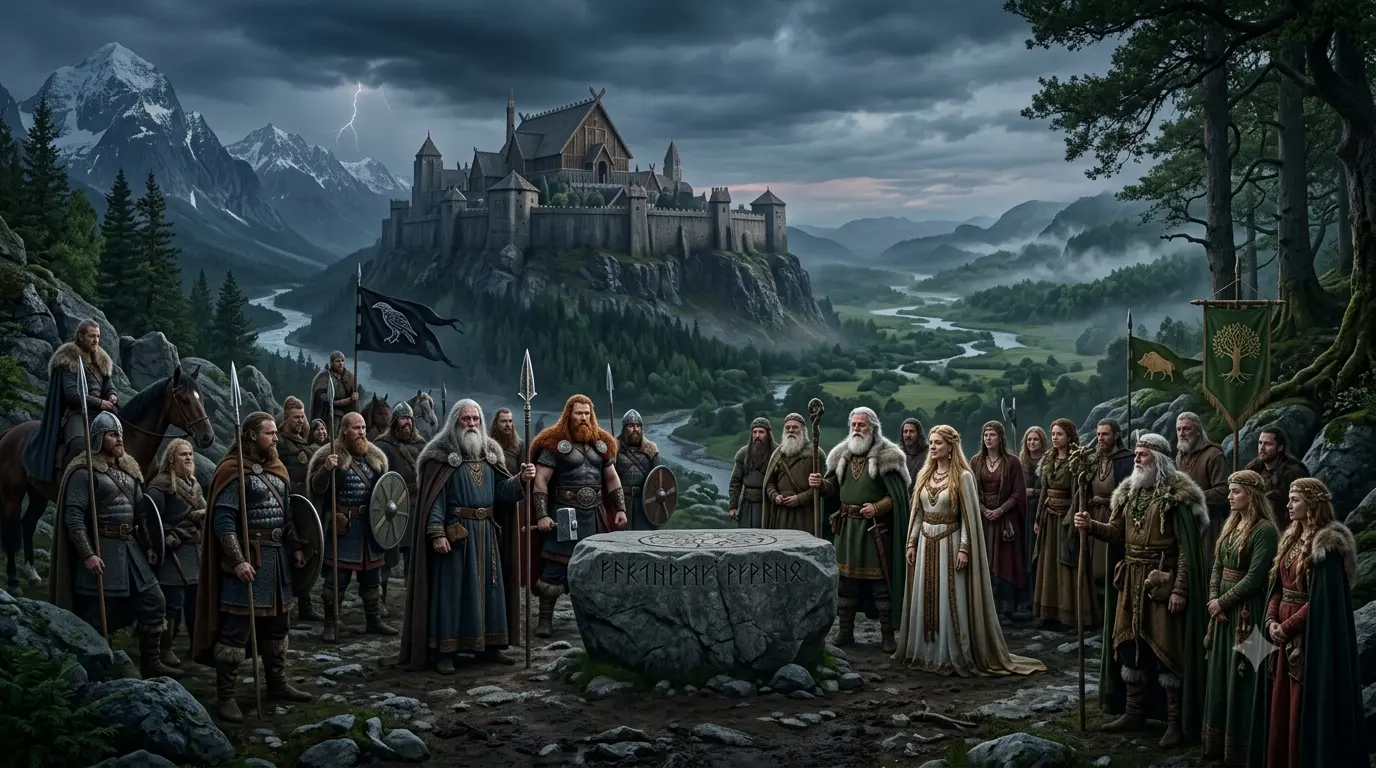 Los dioses Æsir y Vanir reunidos en un gran salón en la mitología nórdica