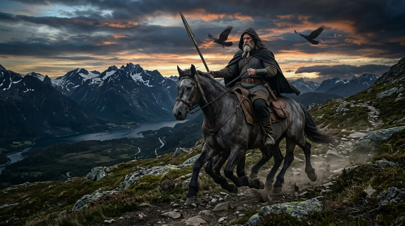 Ilustración generada mediante IA de Odín montando a Sleipnir, el legendario caballo de ocho patas de la mitología nórdica.