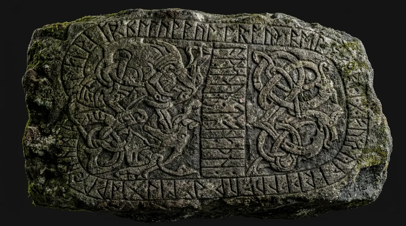 Ilustración generada mediante IA inspirada en las runas nórdicas halladas grabadas sobre piedra.