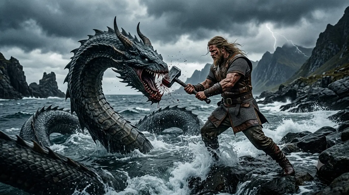 Ilustración generada mediante IA de Thor enfrentándose a Jörmungandr.