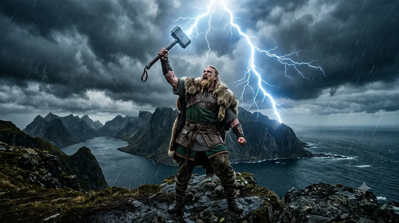 Ilustración generada mediante IA de Thor invocando el trueno con su martillo Mjölnir en la mitología nórdica.