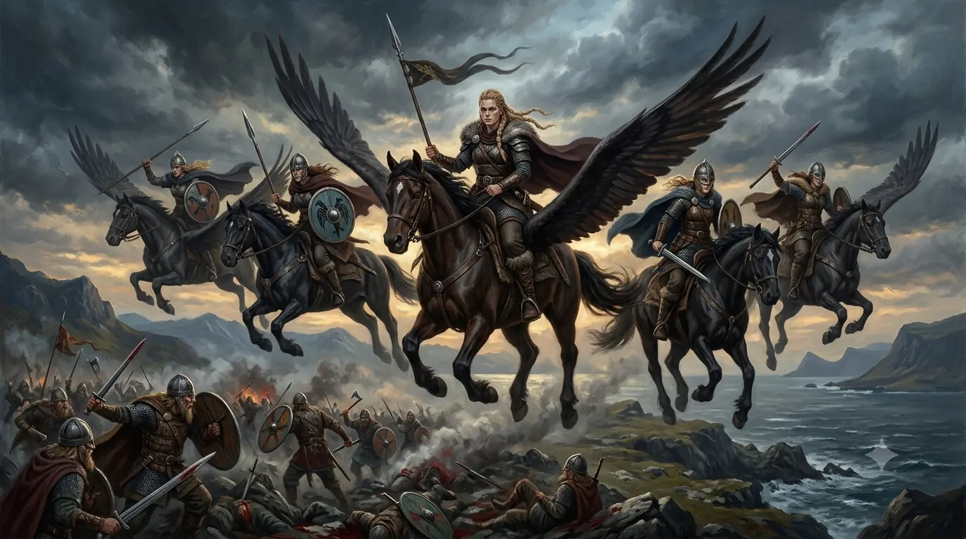 Ilustración generada mediante IA de una valquiria guiando a los guerreros caídos.