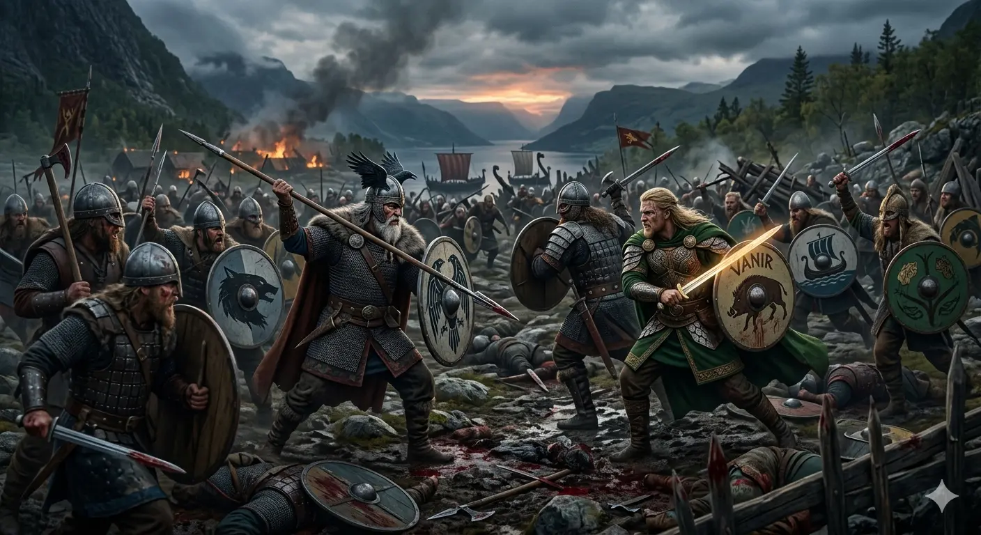 Representación de la guerra entre los dioses Æsir y Vanir en la mitología nórdica