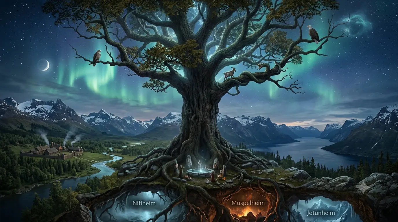 Ilustración de Yggdrasil, el Árbol del Mundo o Árbol de la Vida en la mitología nórdica, que conecta los nueve mundos del cosmos.