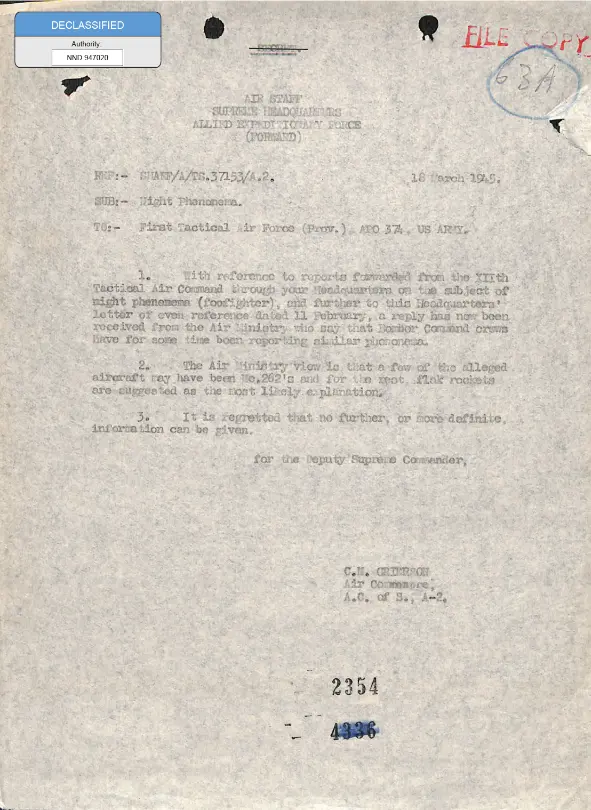Documento militar desclasificado sobre fenómenos Foo Fighters en Alemania durante la Segunda Guerra Mundial