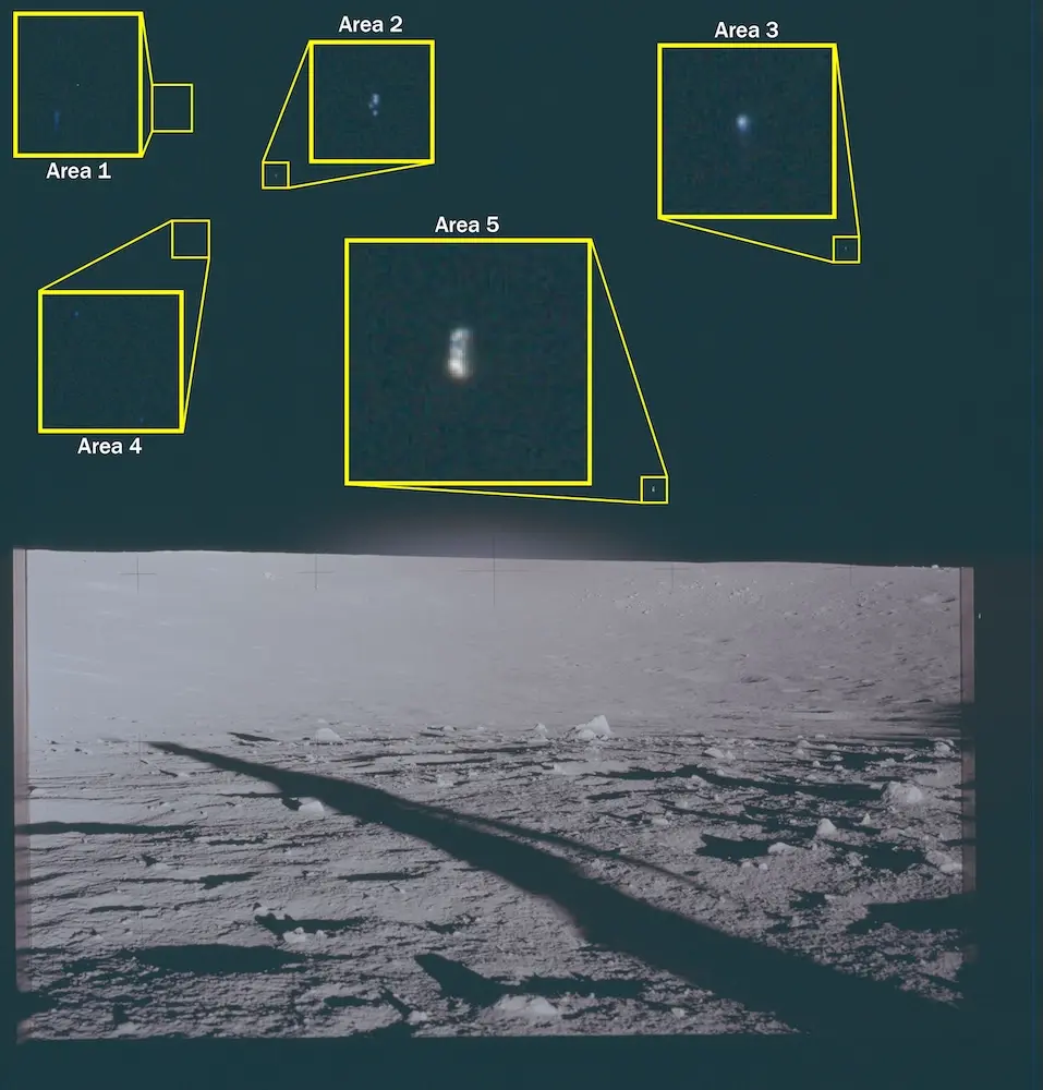 Fotografía de la superficie lunar del Apolo 12 con áreas destacadas en el horizonte