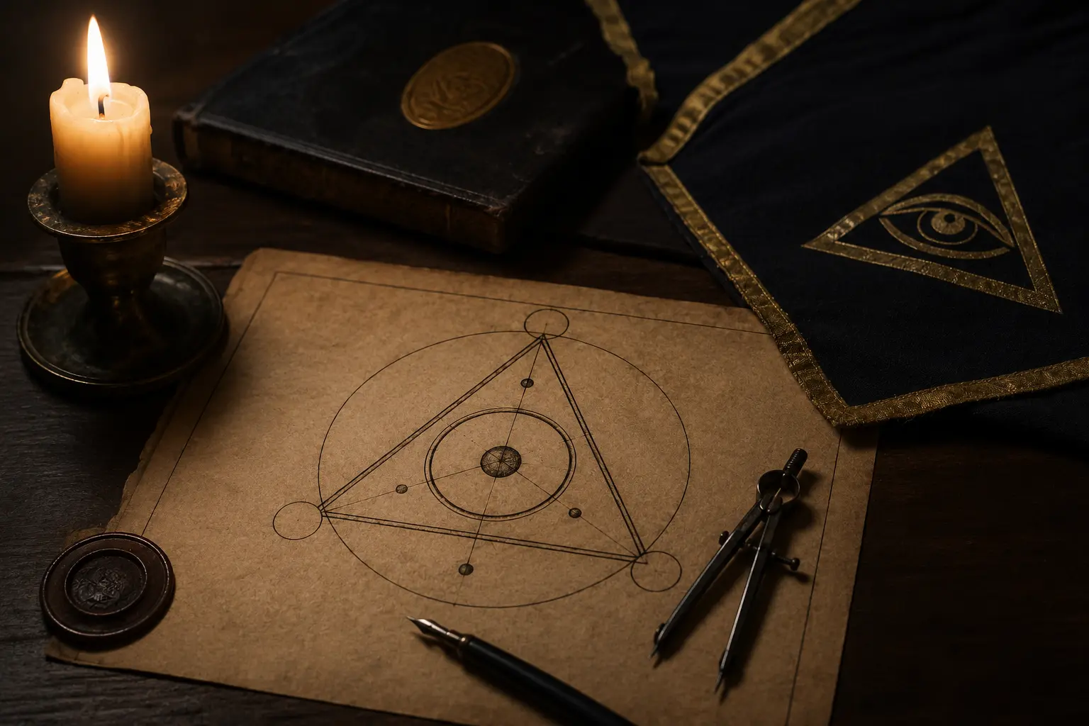 Ilustración generada mediante IA de símbolos geométricos y manuscritos asociados a sociedades secretas.
