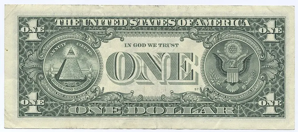 Reverso del billete de 1 dólar estadounidense.