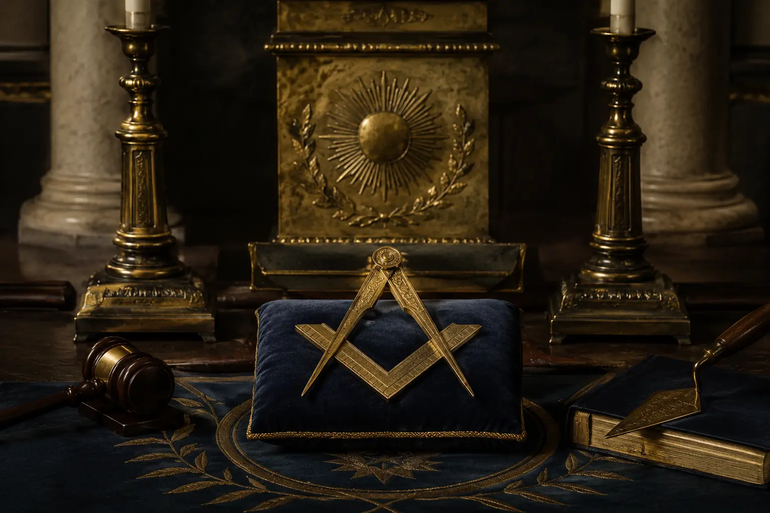 Representación de símbolos masónicos como el compás, la escuadra y las columnas del templo