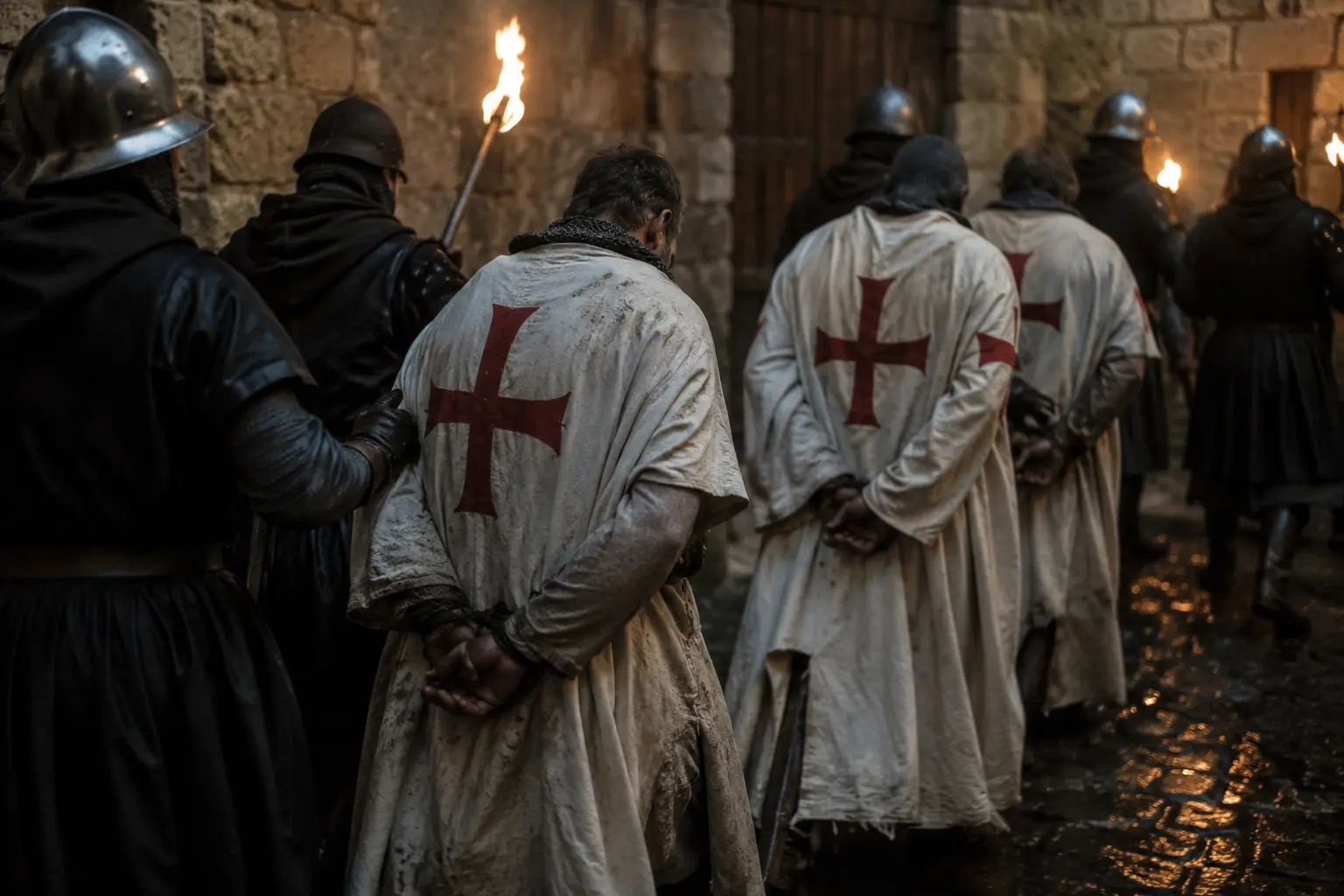 Representación histórica del arresto de los Caballeros Templarios en 1307.