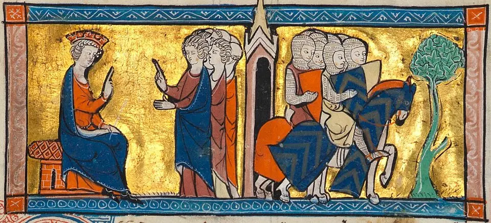 El rey Balduino II presidiendo un consejo y los templarios partiendo en una ilustración medieval