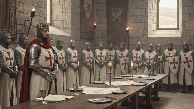 El rey Balduino II con los caballeros templarios